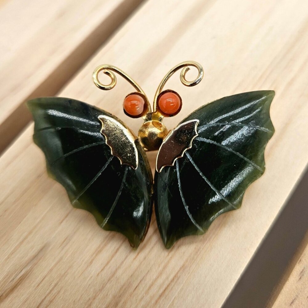 Nephrite Jade Butterfly Pin with Faux Coral Eyes